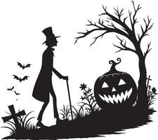 A black and white silhouette illustration depicts a man with a cane walking past a carved pumpkin in a graveyard setting with bats and a barren tree. vector