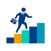 Career path progress icon. A blue person with a briefcase climbing blue bar-like stairs, symbolizing business achievement and development. vector