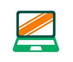 Minimalist laptop computer. A stylized graphic of an open laptop with an orange screen and green body, representing technology, online learning, or digital work. vector