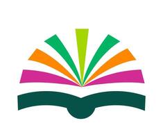 Abstract open book with colorful fanned pages. A stylized graphic of an open book with fanned pages in shades of green, orange, and pink, representing knowledge, learning, or literature. vector
