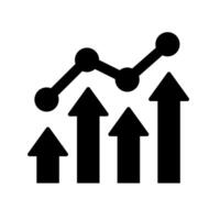 Progress chart with arrows icon. A solid black graphic of a bar chart with an upward trending line and arrows, symbolizing data progress. vector