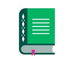 green closed book a pink bookmark. A stylized graphic of a thick green closed book with a darker spine and a pink bookmark, symbolizing comprehensive knowledge, a heavy subject, or a reference volume. vector