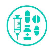 Circular healthcare services icon. A circular graphic combining a syringe, pills, and a medical cross in teal and white, symbolizing comprehensive healthcare. vector