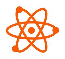 Orange minimalist atom with orbiting electrons. A stylized graphic of an orange atom model with a central nucleus and three orbiting electrons, symbolizing science, physics, or technology. vector