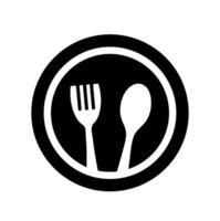 Restaurant dining icon. A black graphic with outlined fork and spoon in a circle, symbolizing food service and menu. vector