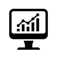 Digital business growth icon. A solid black computer monitor displaying a bar chart with an upward trend, symbolizing data analytics. vector