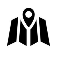 Map pin icon. A solid black graphic representing location, navigation, geographical point, destination, and address marking. vector