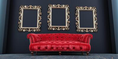 3D render of vintage luxury armchair and frame in room, An empty frame above the sofa in a black wall interior. photo