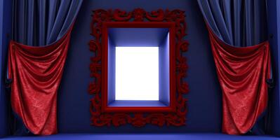 3D render of red emty frame between blue and red curtain, open window photo