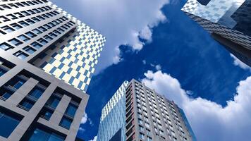 Bottom view of modern skyscrapers in business district, Business vision concept. 3D render photo