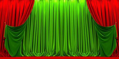 3D render of open red and green curtains background template. theater curtain photo