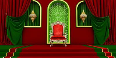 3D render of throne room background, Room with red and green curtains and royal armchair, islamic style, morocco kingdoom photo