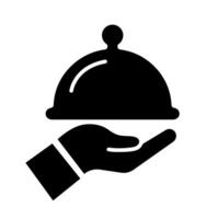 Food cloche service icon. A solid black graphic of a hand holding a cloche, symbolizing restaurant service and presentation. vector