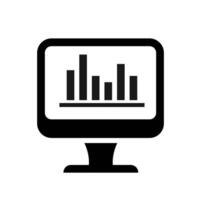 Digital data report monitor icon. A solid black graphic of a computer monitor displaying a bar chart, symbolizing business analytics. vector