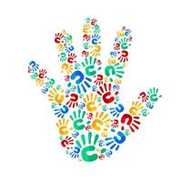 Composite handprint artwork. An organic, textured graphic formed by numerous small, multi-colored handprints, creating a cohesive and vibrant abstract shape. vector