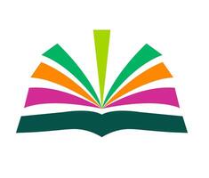 Abstract open book with colorful fanned pages A stylized graphic of an open book with fanned pages in shades of green, orange, and pink, representing knowledge, learning, or literature. vector