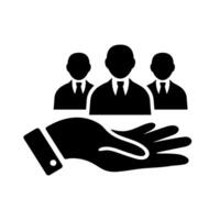 Team support human resources icon. A solid black graphic of a hand holding a group of three people, symbolizing care and management. vector