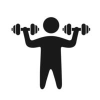Dumbbell lifting icon. A solid black graphic of a person exercising with dumbbells, symbolizing strength, fitness, and gym workout routines. vector