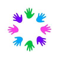 Diverse hands communal circle. A vibrant, circular graphic featuring abstract multi-colored hands, representing inclusivity and collective participation. vector