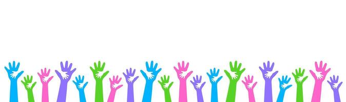 Colorful raised hands banner design. A vibrant flat graphic featuring a repeating sequence of simple hand shapes, ideal for festive borders. vector