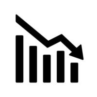Financial decline bar chart icon. A solid black graphic of a bar chart with a downward arrow, symbolizing loss, decrease, or negative trend. vector