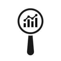 Data analysis research icon. A solid black graphic of a magnifying glass over a bar chart, symbolizing in-depth data review. vector