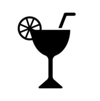 Lemon cocktail glass icon. A solid black graphic with a lemon slice and straw, symbolizing refreshing alcoholic drinks. vector
