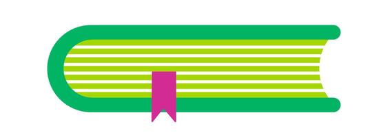 Green closed book a pink bookmark. A stylized graphic of a green closed book with horizontal lines and a pink bookmark protruding from the side, symbolizing literature, learning, or a completed study. vector