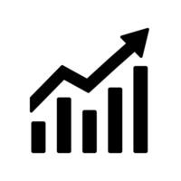 Business growth chart icon. A solid black graphic of a bar chart with an upward arrow, symbolizing increased data and positive trends. vector