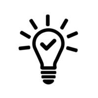 Successful idea lightbulb icon. A solid black graphic symbolizing innovative solutions, completed concepts, and creative achievement. vector