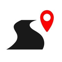 Road with map pin icon. A solid black graphic symbolizing navigation, travel route, location, and destination on a path. vector