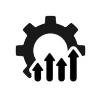 Process optimization growth icon. A solid black graphic of a gear with upward arrows, symbolizing improved processes and development. vector