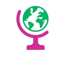 Stylized globe on a stand. A minimalist graphic of a green globe with white continents on a pink stand, representing education, global reach, or environmental awareness. vector