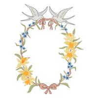 Coquette spring floral frame with daffodils, birds, bows vector