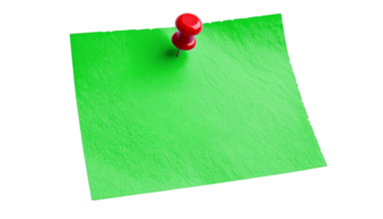 A vibrant green sticky note secured with a red pushpin, suitable for office supplies, memos, reminders, note-taking visuals, organizational content, or branding on transparent background. png