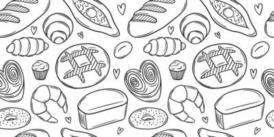 Bread kinds seamless pattern in sketch style. Hand drawn bakery products sketch pattern on white background vector