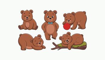 bear cartoon set isolated on white background. Teddy in different poses and activities, sitting, playing and sleeping vector