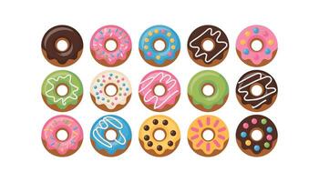Colorful Cartoon Donut Icon Set Assorted Frosted and Decorated Doughnuts vector