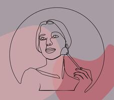 Minimalist continuous line drawing of a woman using a facial roller for her skincare routine. Elegant modern design with abstract background. vector