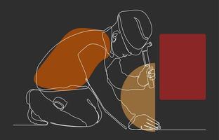 Continuous line drawing of industrial workforce with abstract shapes and dark background. construction, workplace safety posters, and skilled labor visuals vector