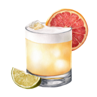 A glass of orange juice with a slice of grapefruit png