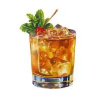 A glass of whiskey with ice and a cherry png