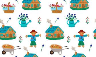 cottagecore seamless pattern with rustic houses scarecrows and flowers in whimsical garden style for cozy home decor and fabric design vector