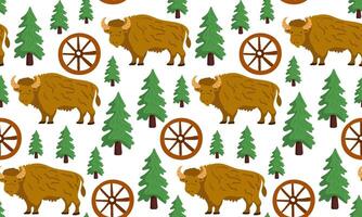 a playful seamless pattern on white featuring brown cartoon bison, green evergreen trees, and rustic wagon wheels vector