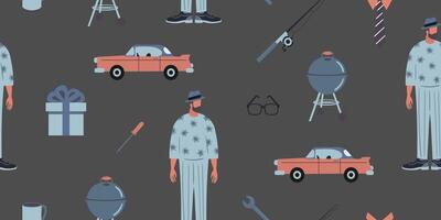 seamless father's day pattern with dad car tools and grill on gray background flat art vector