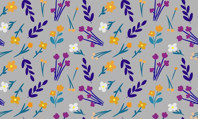 abstract simple floral grey background spring summer design for textiles seamless pattern postcard decor, bright yellow purple flowers