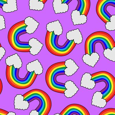 cute colorful bright rainbow cloud heart seamless pattern for kidcore aesthetic wallpaper, fabric, textile design, fun playful print, lgbtg purple background