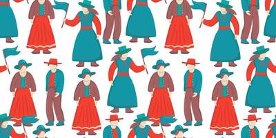 delightful seamless pattern showcasing diverse pioneer day characters in traditional costumes on a pristine white background vector