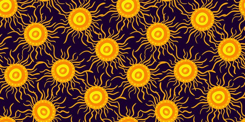 vibrant sun seamless pattern with abstract yellow orange solar shapes on dark purple background summer boho style for textile, decor, and web