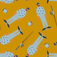 seamless pattern of men fishing with rods and mugs on yellow background flat abstract simple illustration vector